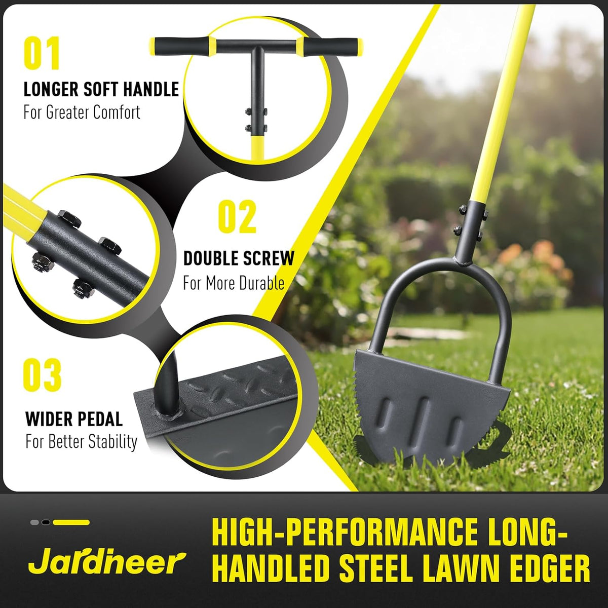 Jardineer Edger Lawn Tool Long Handle, Upgraded Manual Grass Edger with Double V-Shaped Serrated Edge Blade and Wide Footplate, Edgers for Landscaping Yard Maintenance