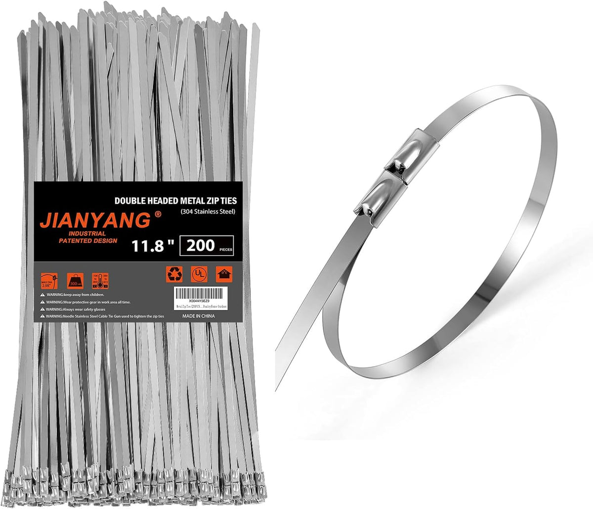 Metal Zip Ties (200PCS 11.8 Inch), 304 Stainless Steel, 300 LBS Heavy Duty Double Headed Self-locking Multi-Purpose Cable Ties for Exhaust Wrap, Chain Link Fence Parts, Machinery, Cables, Farms, Roofs