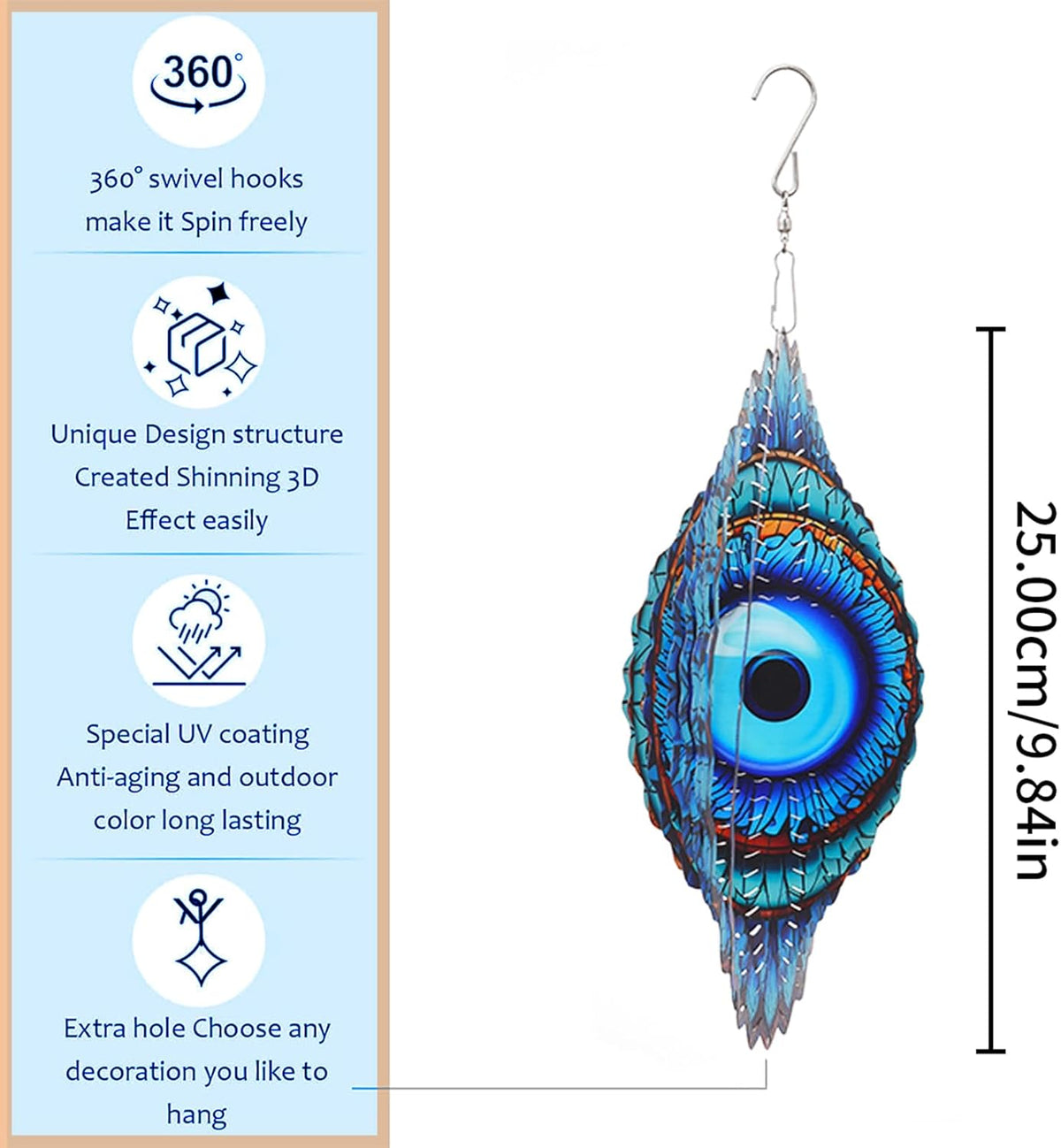 3D Wind Spinner Mandala 10 Inch Evil Eye Stainless Steel Wind Sculpture Blue Hanging Ornament Laser Cut Metal Art for Indoor Outdoor Garden Decoration Protective Amulet for Home and Yard