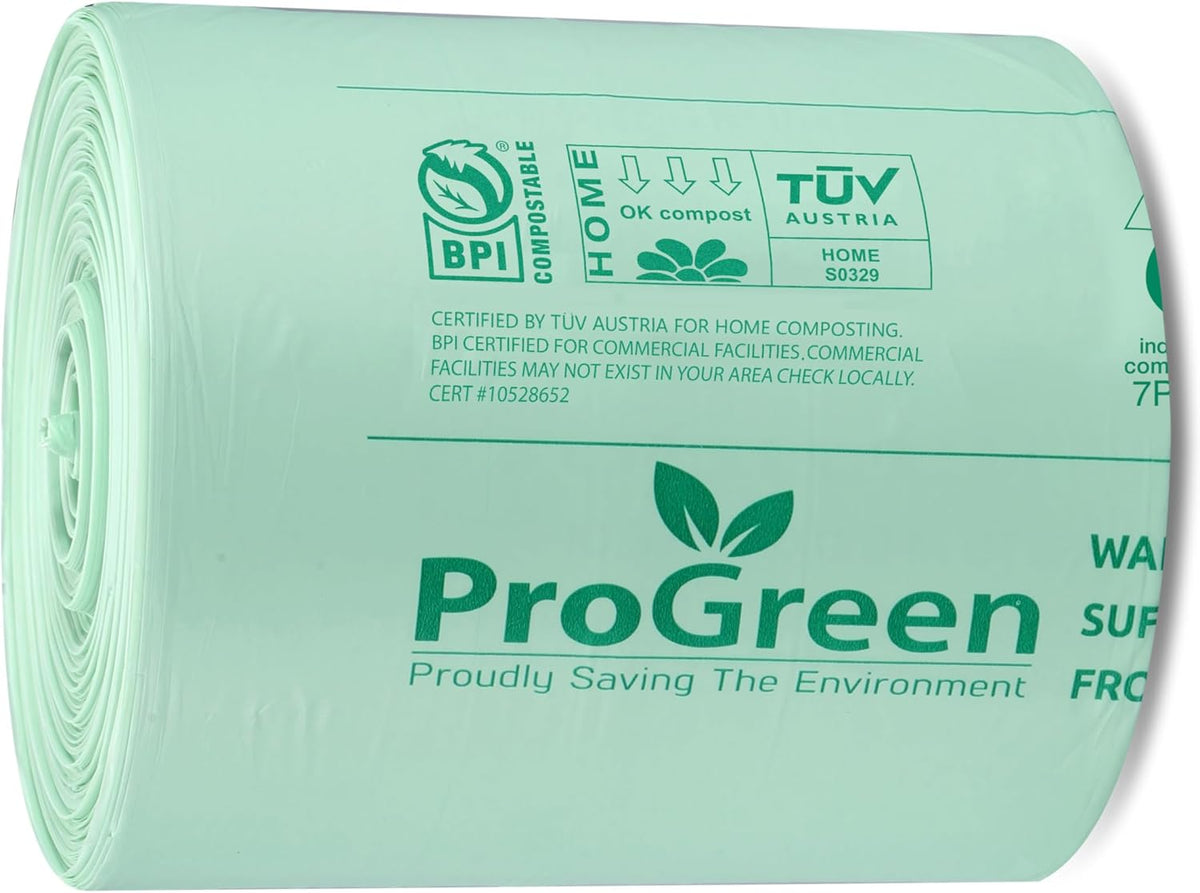 ProGreen Compostable Trash Bags, Extra Thick, Compost Kitchen Bin Bags, Food Scraps Yard Waste Bags, ASTM D6400 BPI and TÜV AUSTRIA Certified (13 Gallon, Pack of 100)