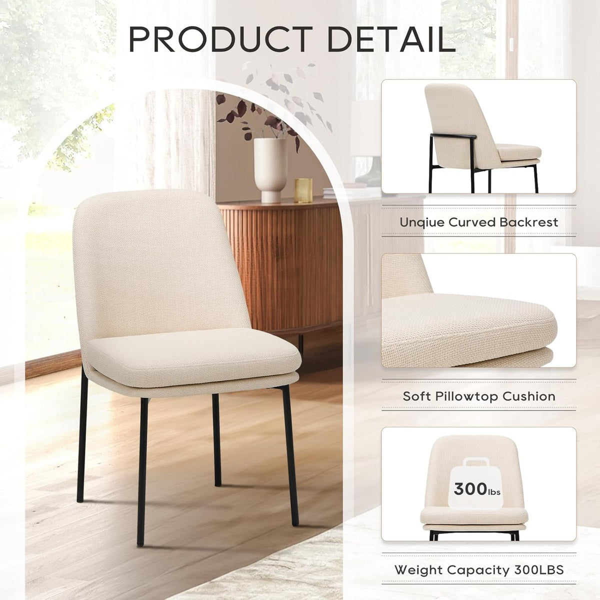 COLAMY Modern Dining Chairs Set of 2, Upholstered Dining Room Chairs Dinner Chair Kitchen Chairs with Curved Back and Metal Legs, Beige