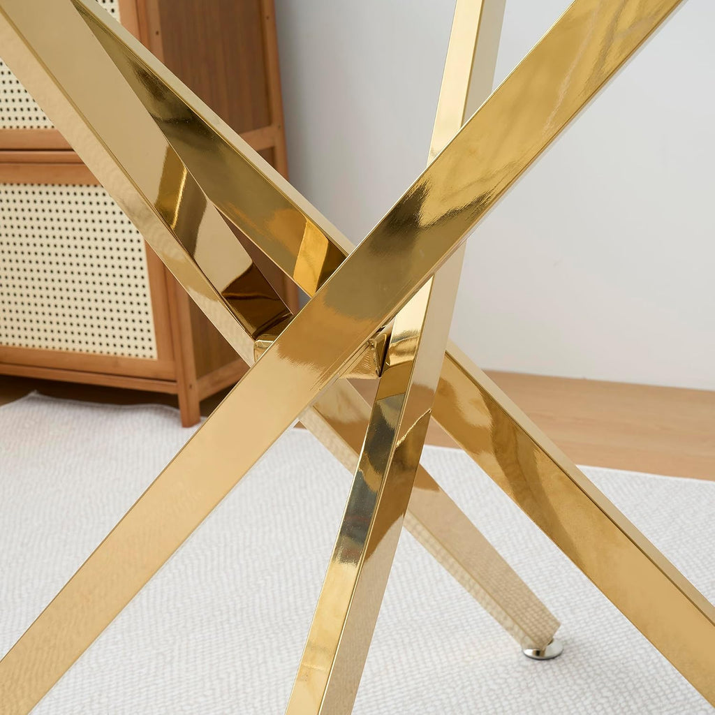 Henf 36'' Tempered Glass Dining Table for 2-4 People, Square Kitchen Table with Gold X-Base Metal Legs, Adjustable Feet, Glass Desk for Small Space, Gold Square Dining Room Table for 4