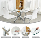 Modern Silver Round Glass Dining Table Set for 4, 36'' Luxury Minimalist Circle Dinette Room Set, 5 PCS Clear Circular Glass Top Kitchen Set, Grey High-end Tufted Chairs, for Small Place