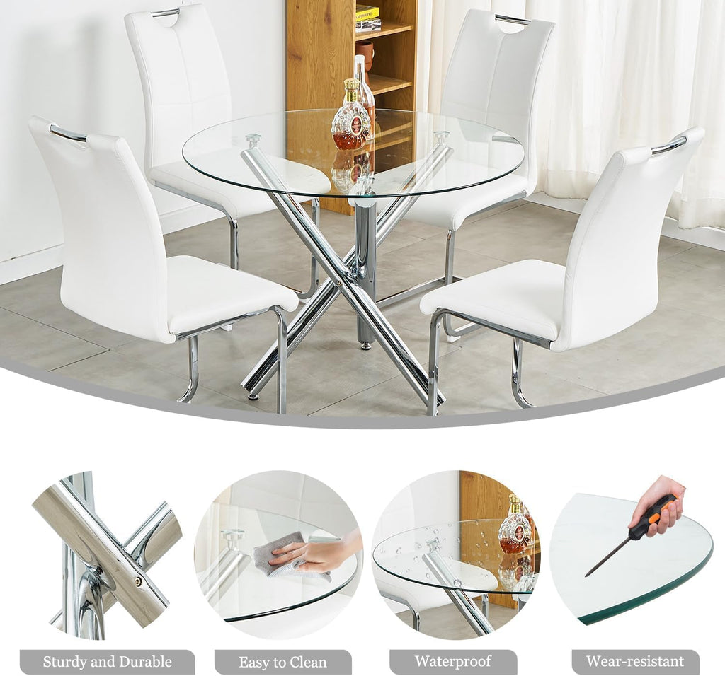 Modern Silver Round Glass Dining Table Set for 2, 36'' Luxury Minimalist Circle Dinette Room Set, 3 PCS Clear Circular Glass Top Kitchen Set, Black High-end Tufted Chairs, for Small Place