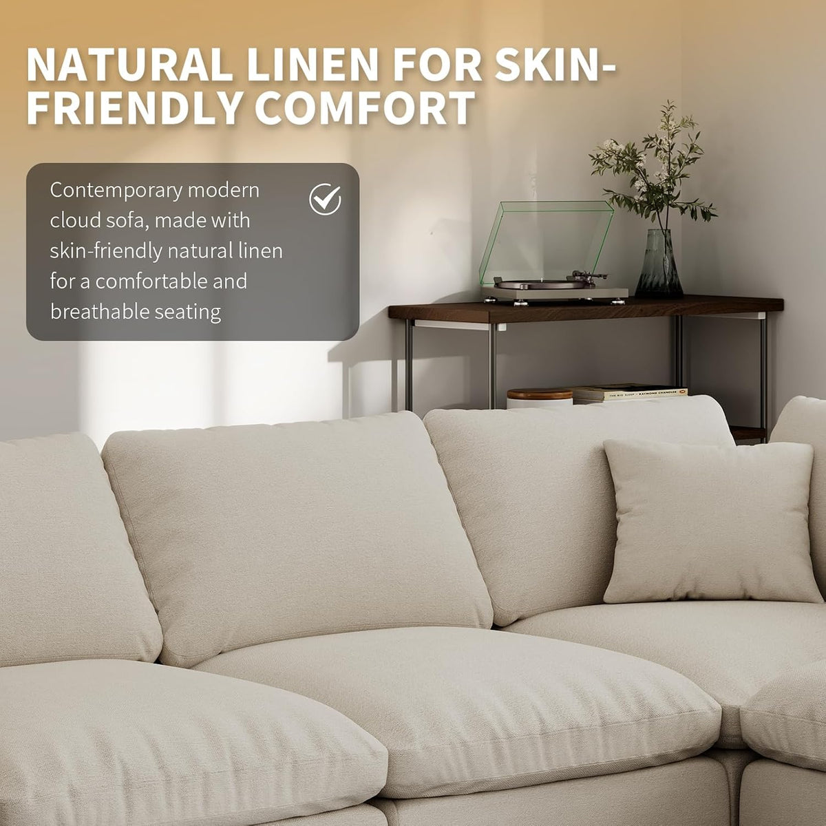 Modern Sectional Linen Couch for Living Room L-Shape Sofas,4 Seat Modular Cloud Sofas,Detachable Couch Cushion Covers,Cozy Feather Down Sofa for Apartment Khaki