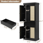 Tall Kitchen Pantry Cabinet with Rattan Doors, Adjustable Shelves & Drawer, Freestanding Storage Cupboard for Bathroom, Dining Room & Living Room（New Black）