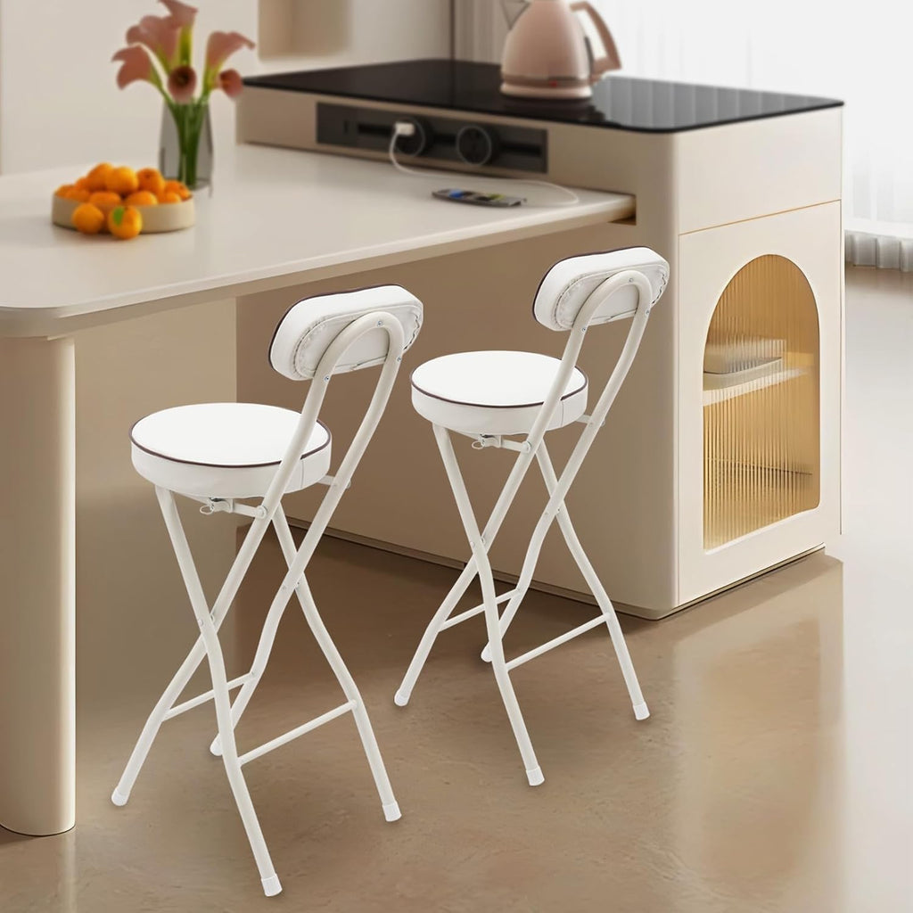 2 Pcs Folding Bar Stool with Backrest, 25.6 Inch Tall Foldable Stool Chair with Leather Padded Seat, Portable Counter Height Collapsible Stool for Kitchen Island Shop Cafe Dining Room, White