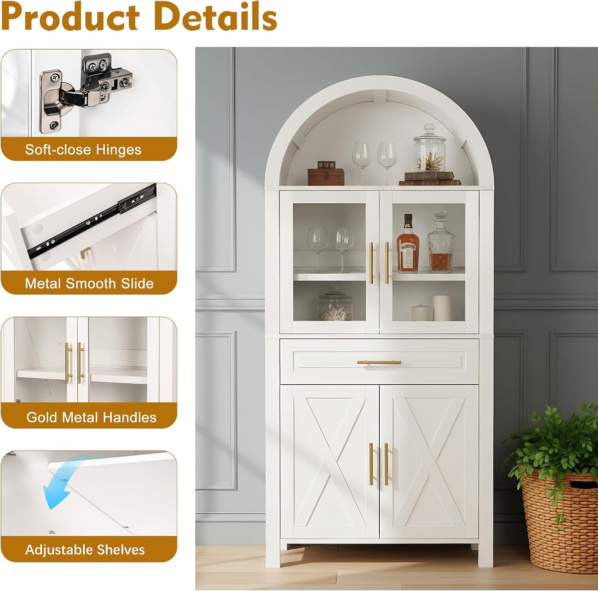 71" Tall Arched Kitchen Pantry Cabinet with Glass Door,Farmhouse Modern Wood Arched Cabinetsw/Adjustable Shelves & Drawer, Accent Cabinet with Barn Door for Kitchen, Living & Dining Room, Bathroom