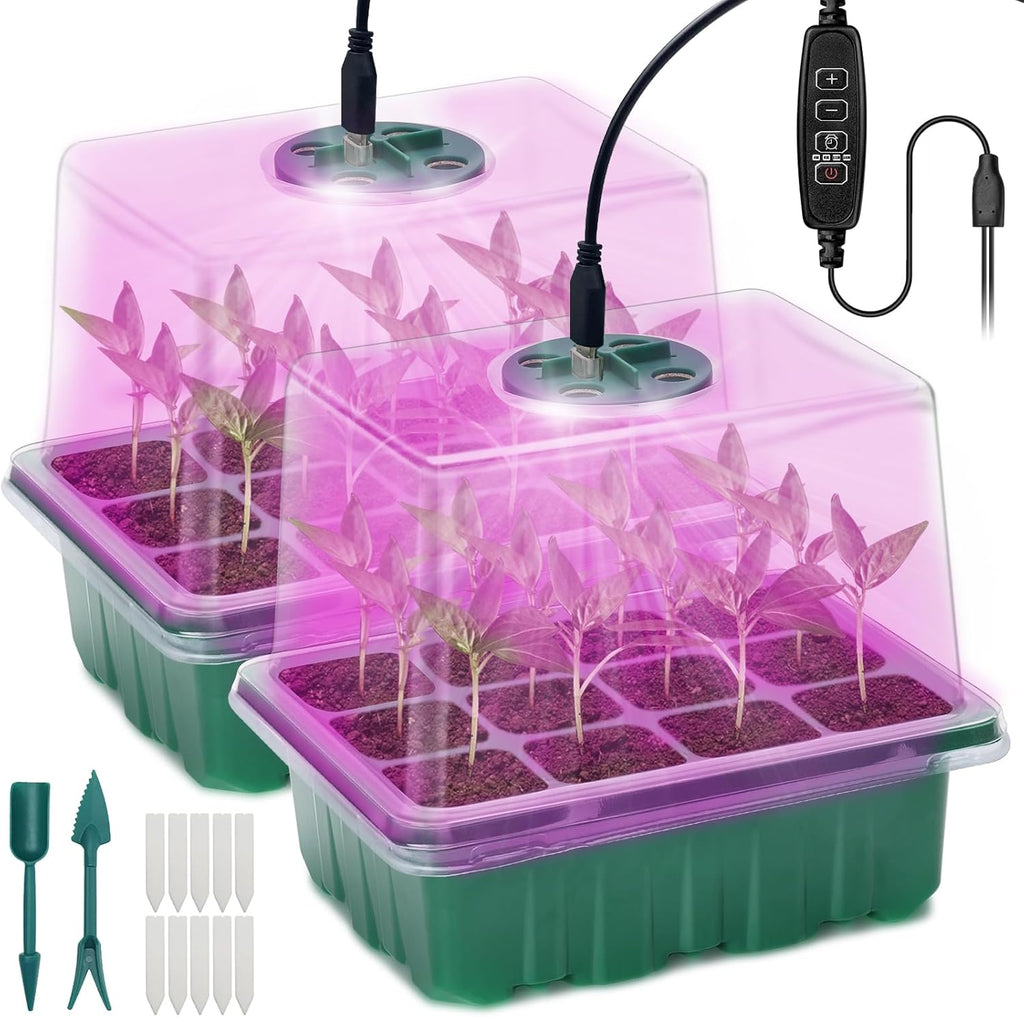 Seed Starter Tray, 2 Pcs Plant Propagation Station with Grow Light,Seedling Starter Trays with Timing Controller,Mini Greenhouse Kit with Humidity Domes and Base,Plant Tray for Seeds Growing Starting