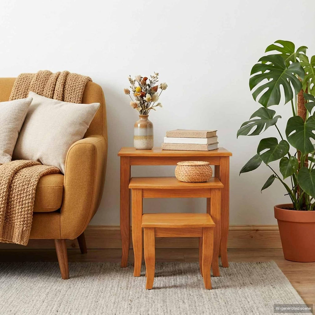 Nesting Side Tables 3 pcs Solid Mahogany Wood | Space Saving Design, Natural Wood Grain, Versatile Accent Tables for Living Room