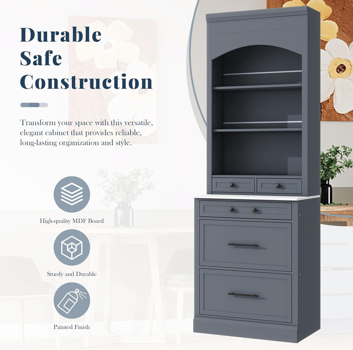 Merax Modern 83.7inch Freestanding Kitchen Hutch with Faux Marble Top, Kitchen Pantry with 5 Storage Drawers and Adjustable Shelf, Gray