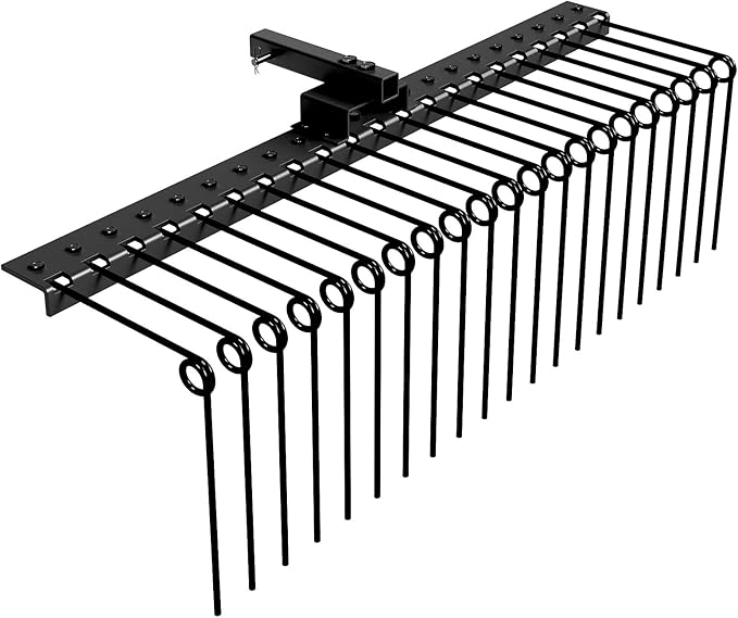 Tow Behind Landscape Rake, 48" Tow Dethatcher with 17 Steel Coil Tines, Lawn Dethatcher Rake Attaches to 48" or 60" Toolbars and 3-Point Suspension Systems, for Leaves, Pine Needles, and Grass, Black