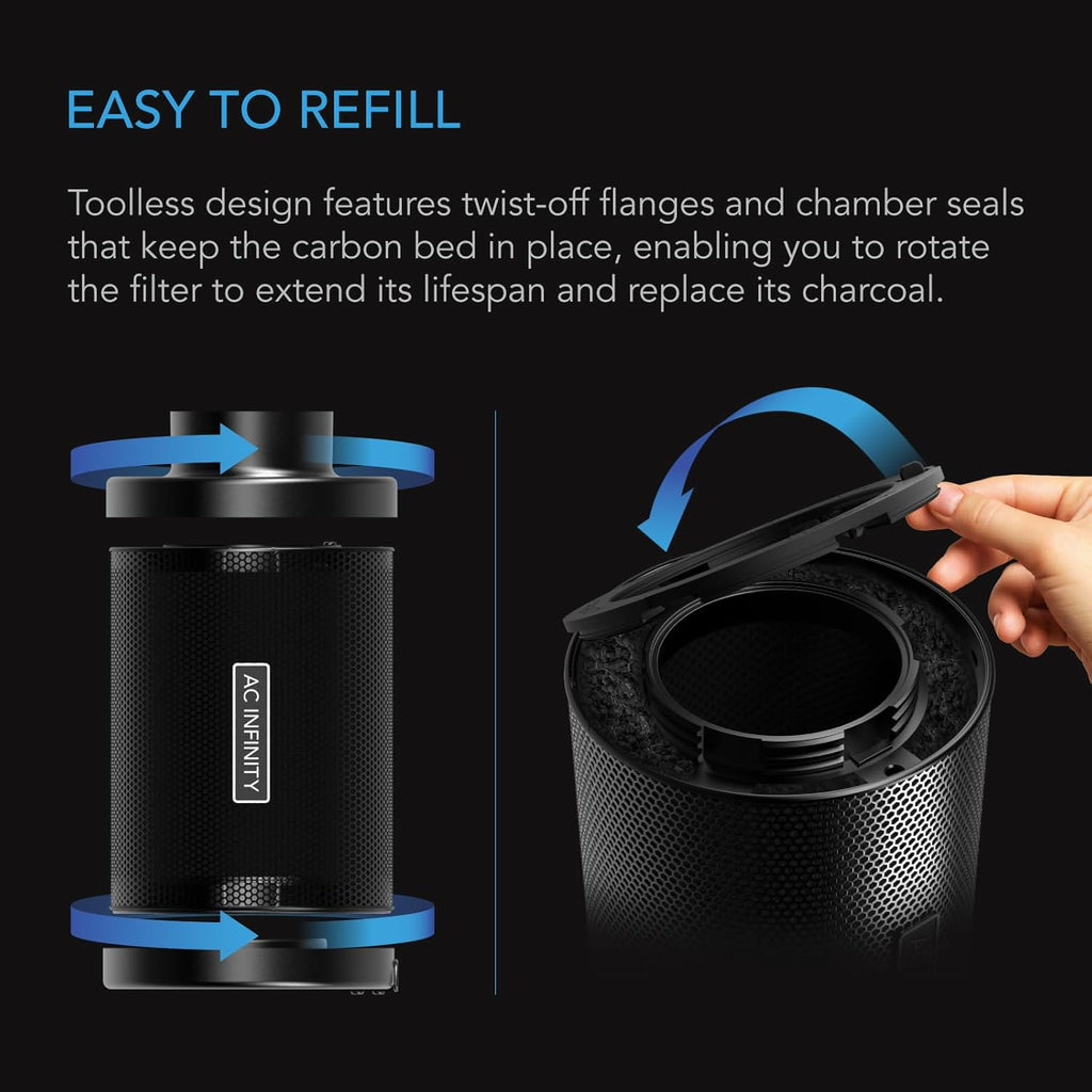 AC Infinity Refillable Carbon Filter Kit 4” with Additional Refill, Odor Removal Air Scrubber For 4" Inline Fan and Ducting, Reusable Charcoal Filter for Grow Tent Grow Room Hydroponics