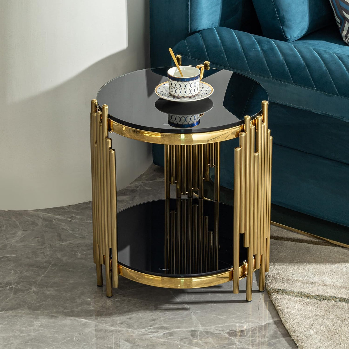 Set of 2 Modern Luxury 2-Tier Round End Tables, Black Tempered Glass Tops, Gold Stainless Steel Frames, Small Elegant Side Tables for Living Room, Bedroom, Office, or Café