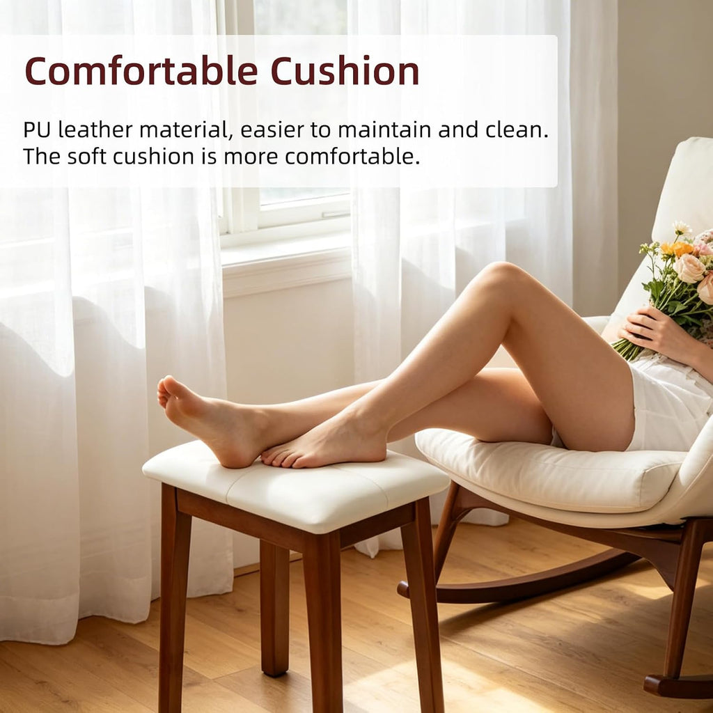 Solid Wood Vanity Stool with Cushion | 11"D x 15"W x 18" H - Small Wooden Ottoman Bench Chair Padded Seat for Bedroom/Living Room/Office/Makeup Vanity