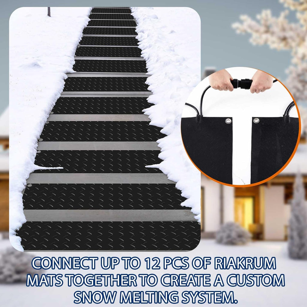 Riakrum 7 Pcs Heated Snow Melting Mats Outdoor, 10 x 30 in Winter Anti-Slip Heated Rubber Mat for Walkways Decks and Sidewalks, Snow and Ice Melting Pads Connection with 9.84 ft Power Cord
