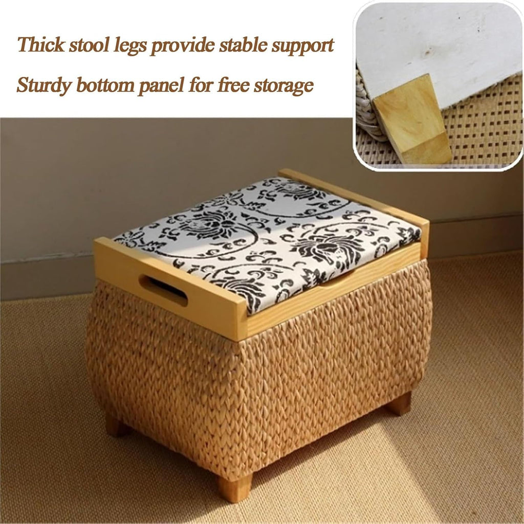 Ottoman with Storage Rattan Woven ，Bench with Padded Seat End of The Bed Entry Bench Footrest Stool for Hallway Living Room(Primary color1,40cm/15.7in)