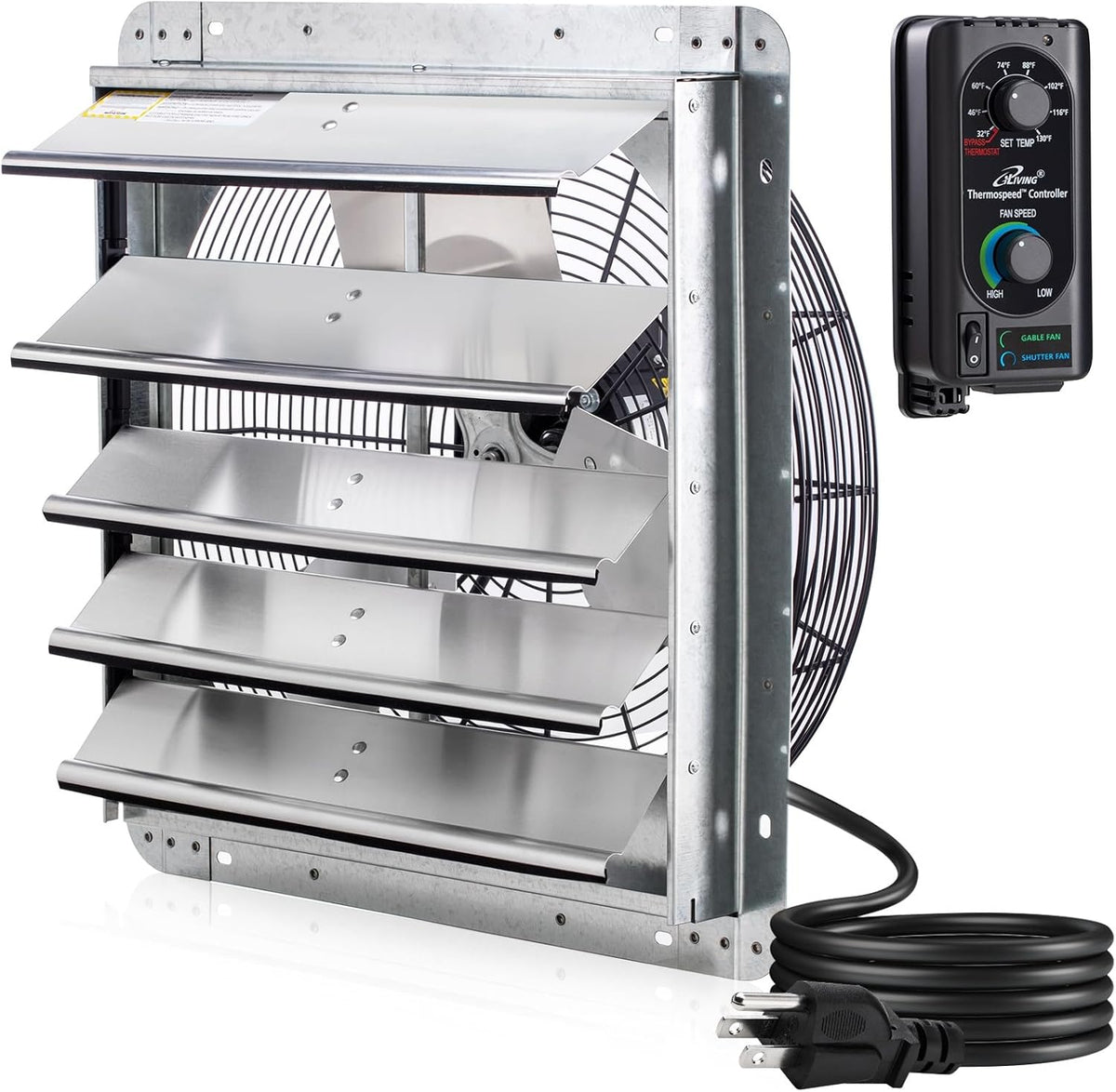 iLIVING 18" Wall Mounted Shutter Exhaust Fan, Automatic Shutter, with Thermostat and Variable Speed controller, 0.85A, 1736 CFM, 2600 SQF Coverage Area Silver (ILG8SF18V-ST)