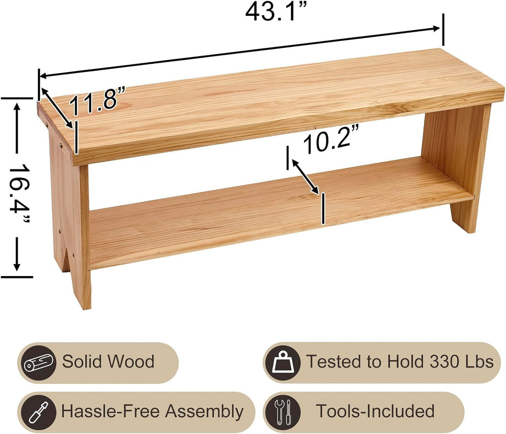 43" Solid Wood Farmhouse Bench, Entryway Bench with Storage Shelf, Narrow Rustic Indoor Bench for Bedroom, Entryway, Hallway, Dining