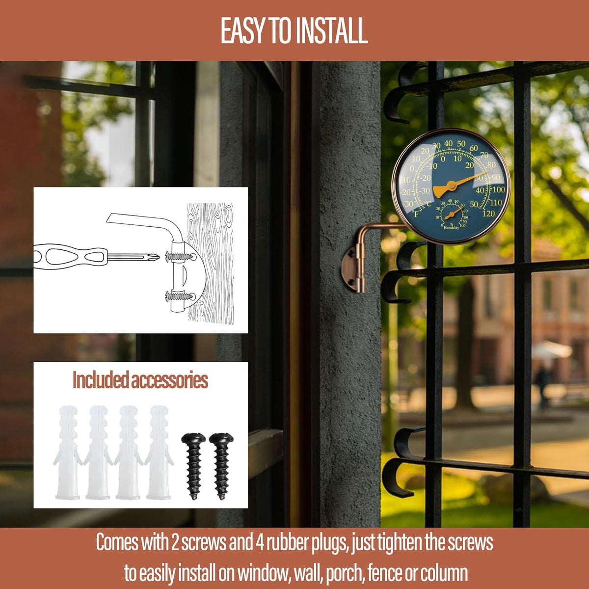 4 Inch Brass Outdoor Thermometer - Analog Temperature Gauge for Patio, Greenhouse and Garage