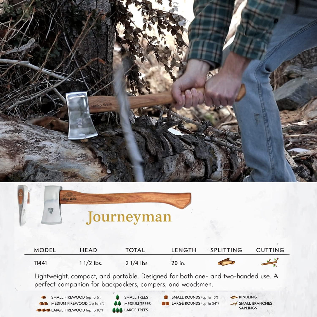 1844 Helko Werk Germany Classic Journeyman Pack Axe - Made in Germany Lightweight and Compact Backpacking Axe and Bushcraft Axe for Camping - Head 1.5 lbs, Handle 20 in. (Journeyman) #11441