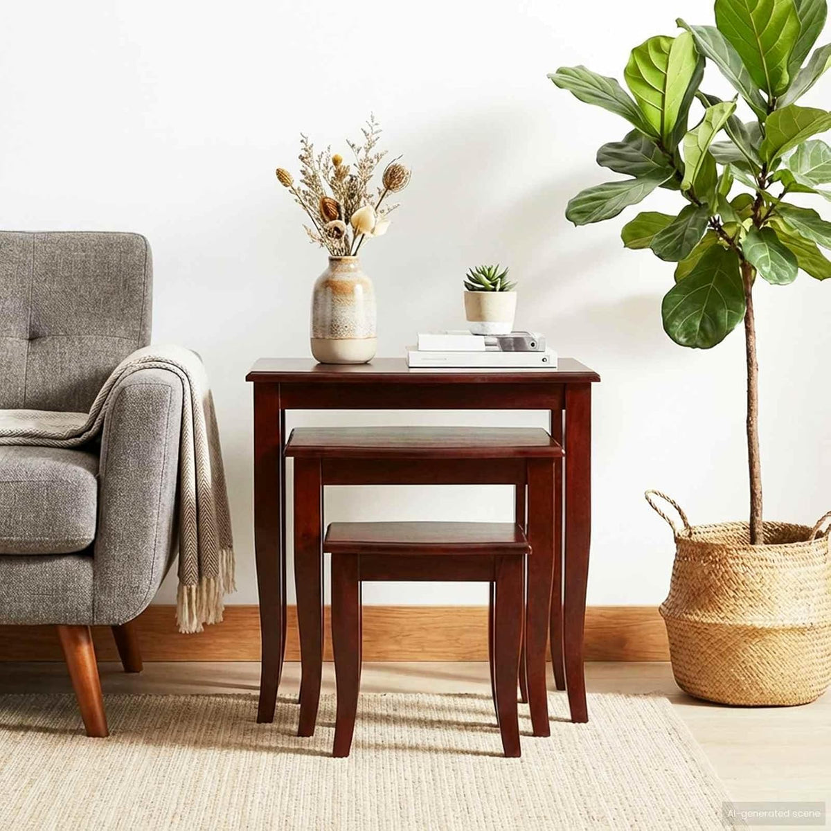 Nesting Side Tables 3 pcs Brown Solid Mahogany Wood | Space Saving Design, No Assembly Required, Easy Clean Surface, for Living Room or Bedroom