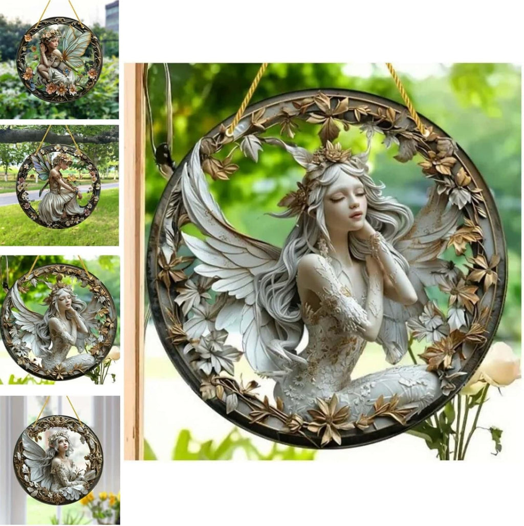 Flower Fairy Garden Decorations Angel Wing Christmas Halloween Deco Statue Art Elf Sculpture Hanging Craft for Outdoor Yard Courtyard Lawn Patio Window Acrylic Ornament Home Gift (C,S: 6*6 IN)