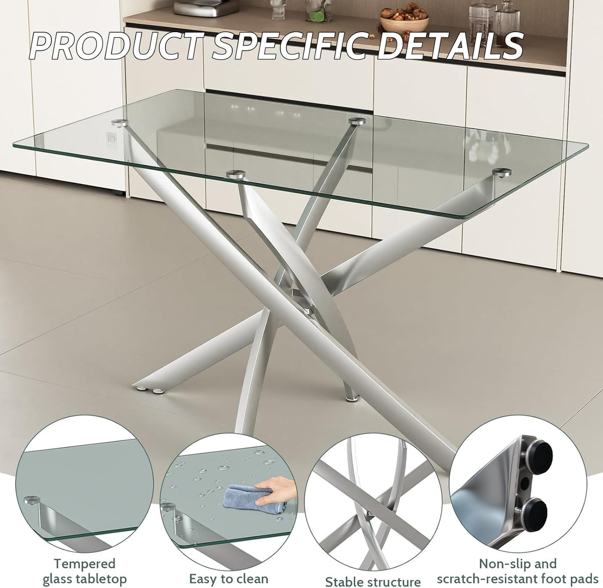 47.24 Inch Glass Dining Table, Rectangular Kitchen Glass Table for 4 People, Modern Dining Room Table for Dinner Kitchen Dining Room(Silver)