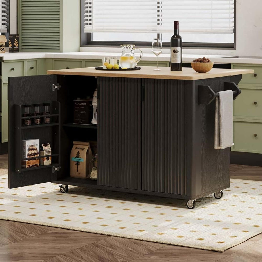 Isla para Cocina with Drop Leaf with Storage and Dining Table, Island for Kitchen with Wheels Towel Rack， for Kitchen, Dining Room, Black
