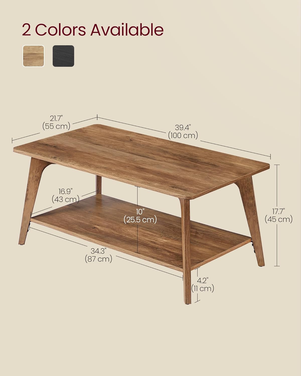 VASAGLE MAEZO Collection - Coffee Table, 2-Tier Center Table with Storage, Tapered Legs, Curved Transitions, 21.7 x 39.4 x 17.7 Inches, Easy to Assemble, for Living Room, Honey Brown ULCT249K01