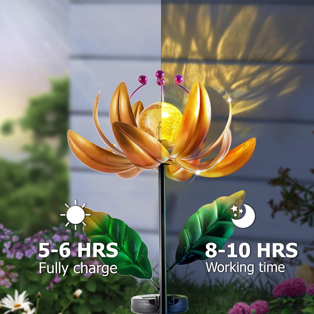 Solar Lights Wind Spinners for Yard and Garden - Metal Lotus Flower Windmills LED Crackle Glass Globe Outdoor Garden Decor Yard Art Lawn Ornament