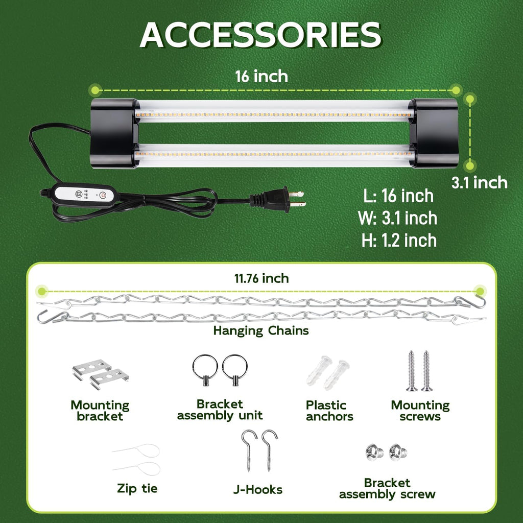 Hlite 16inch 2 Pack LED Grow Lights - Linkable Grow Lights for Indoor Plants, Full Spectrum Plant Lights Plug and Hanging Design with Auto On/Off Timer Hanging Grow Light from Seedling to Flowering