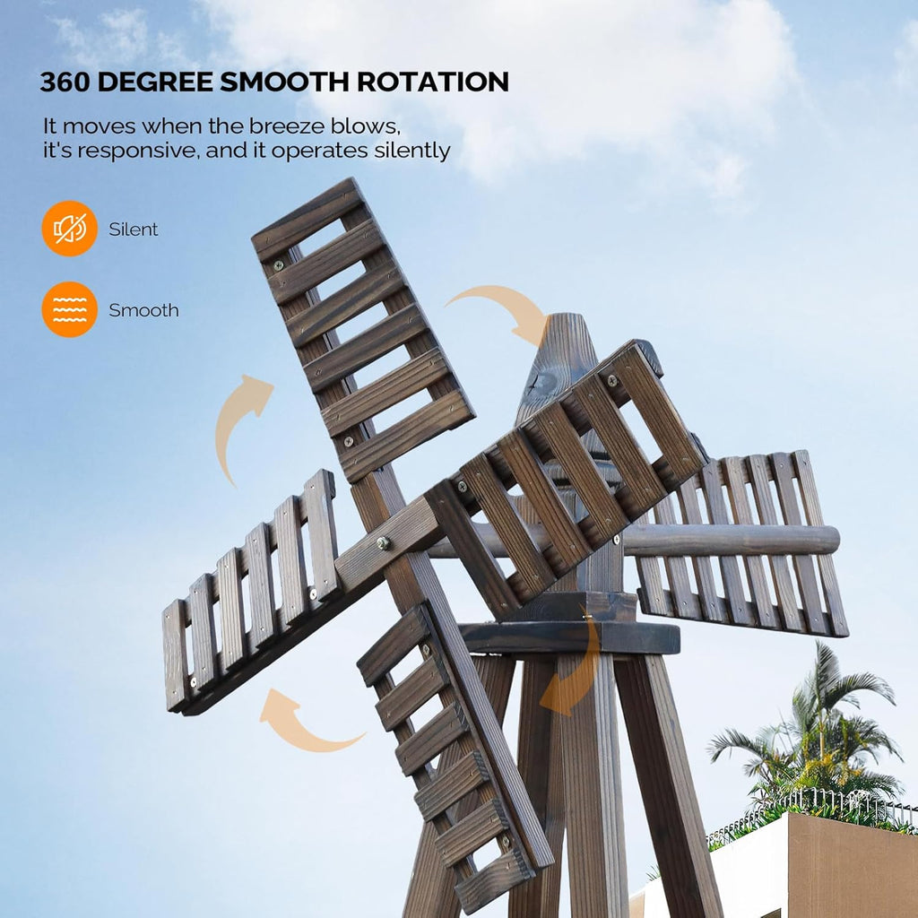 Wooden Windmill, Weather-Proof Wind Spinner, Outdoor Wind Mill for Garden Lawn Patio Decoration (Carbonized, Large)