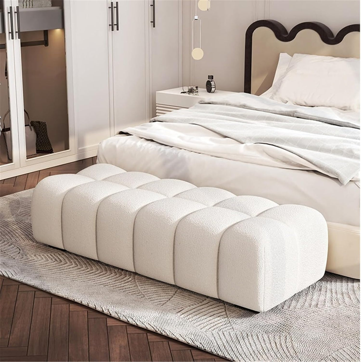 Modern Fabric Bed end Bench Long Bedroom Dressing Room Wooden Shoe Changing Entryway(Small)
