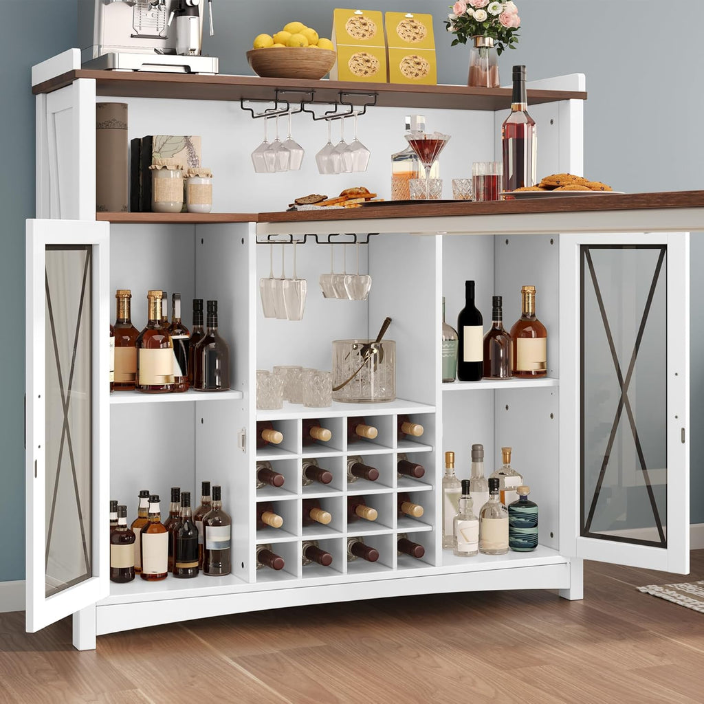 DWVO Farmhouse Wine Bar Cabinet with LED Lights, 47" Coffee Bar Station w/Bar Table, Wine Racks and Glass Holders, Clear Barn Door, Wood Kitchen Buffet Cabinet w/Storage for Living Dining Room, White
