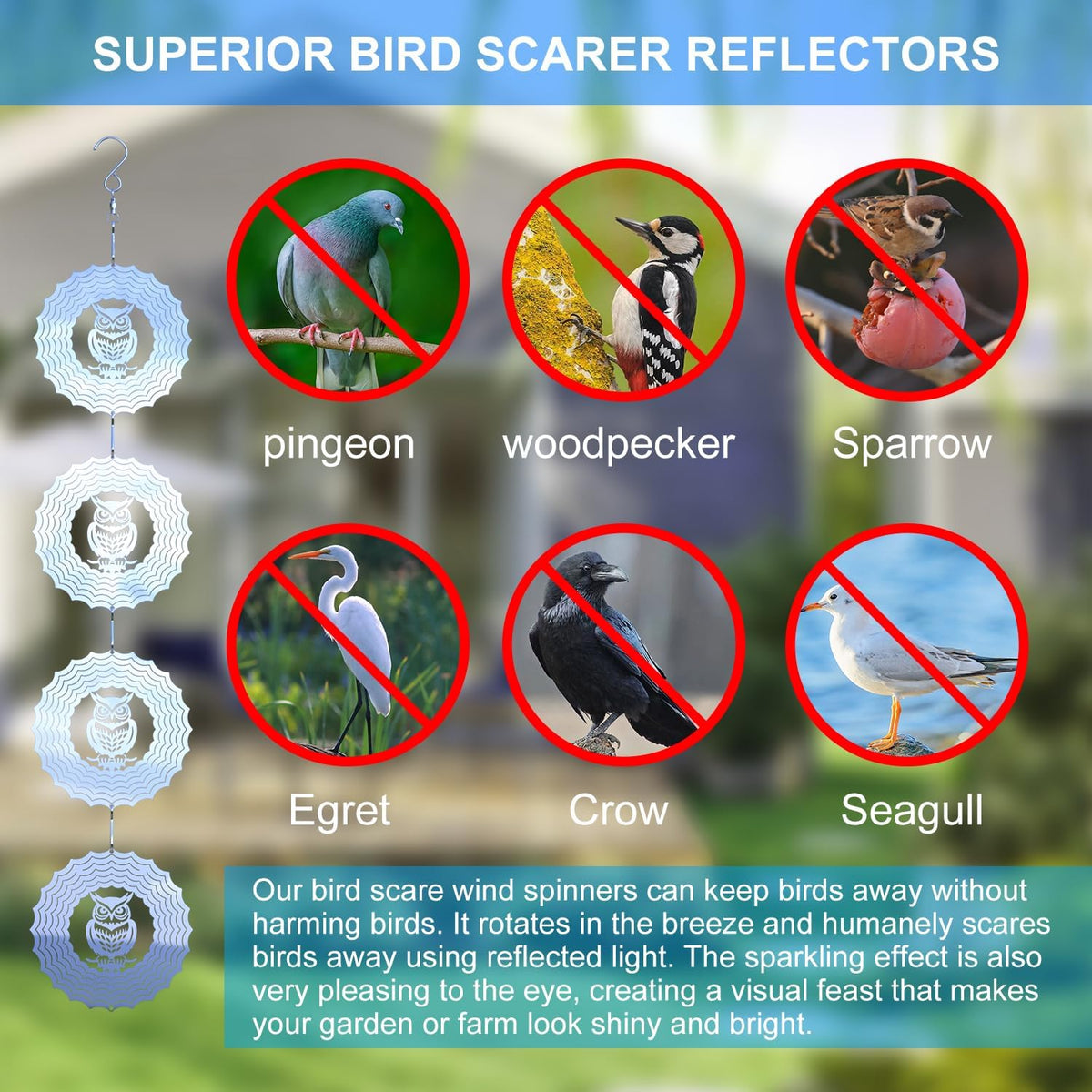 Bird Deterrents for Outside Owl Bird Scare Discs 3D Shiny Helix Wind Spinners, Reflective Bird Reflector & Stainless Steel Outdoor Garden Décor Sculpture Ornaments, Scare Birds Away from Yard Patio