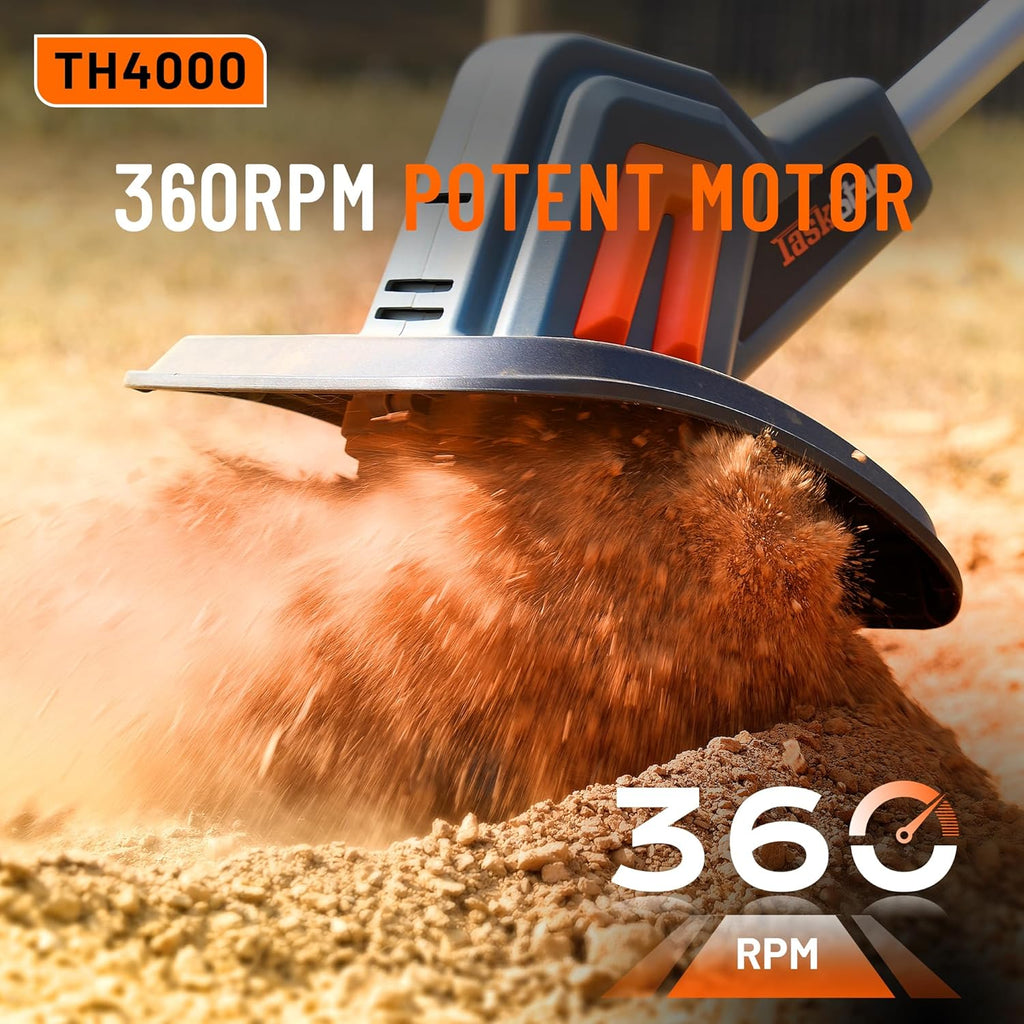 Cordless Tiller for Gardening 360 RPM Rototiller TH4000 Cultivator TaskStar Electric Garden Tiller Battery Powered Total 4000mAh,48 Heavy-Duty Steel Tines for Smooth Ground