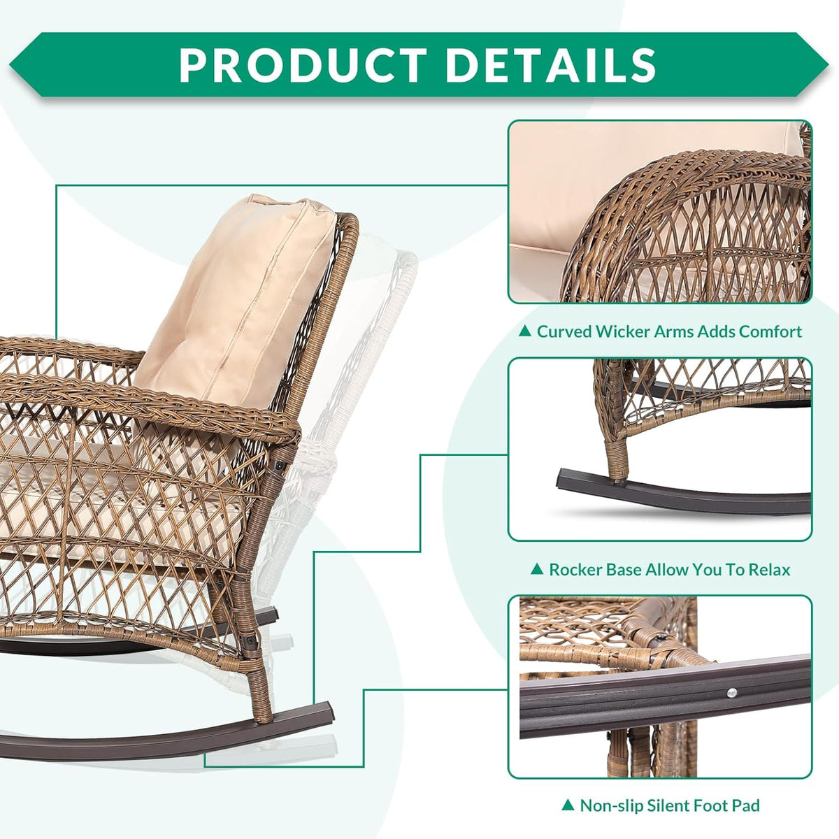 VIVIJASON Outdoor Wicker Rocking Chair, Patio Rattan Rocker Chair with Cushions & Steel Frame, All-Weather Rocking Lawn Wicker Furniture for Garden Backyard Porch (Beige)