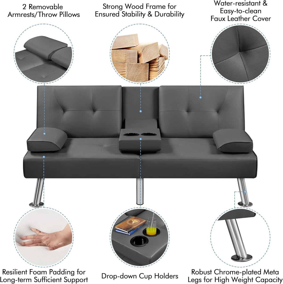 Yaheetech Convertible Futon Sofa Bed Loveseat with Cup Holder, Gray | 3 Angles Sofa, Recliner Chair, Bed, Compact Faux Leather Love Seat for Living Room, Guest Room, Dorm, Small Apartment