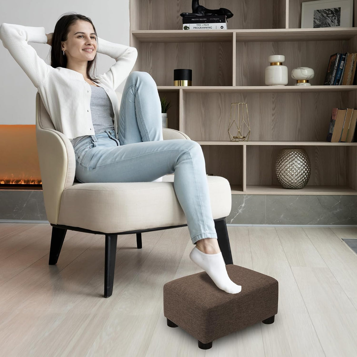CAROLMADE Small Foot Stool Ottoman Footstool with Legs Under Desk Footrest for Living Room Bedroom and Office,Linen-Brown