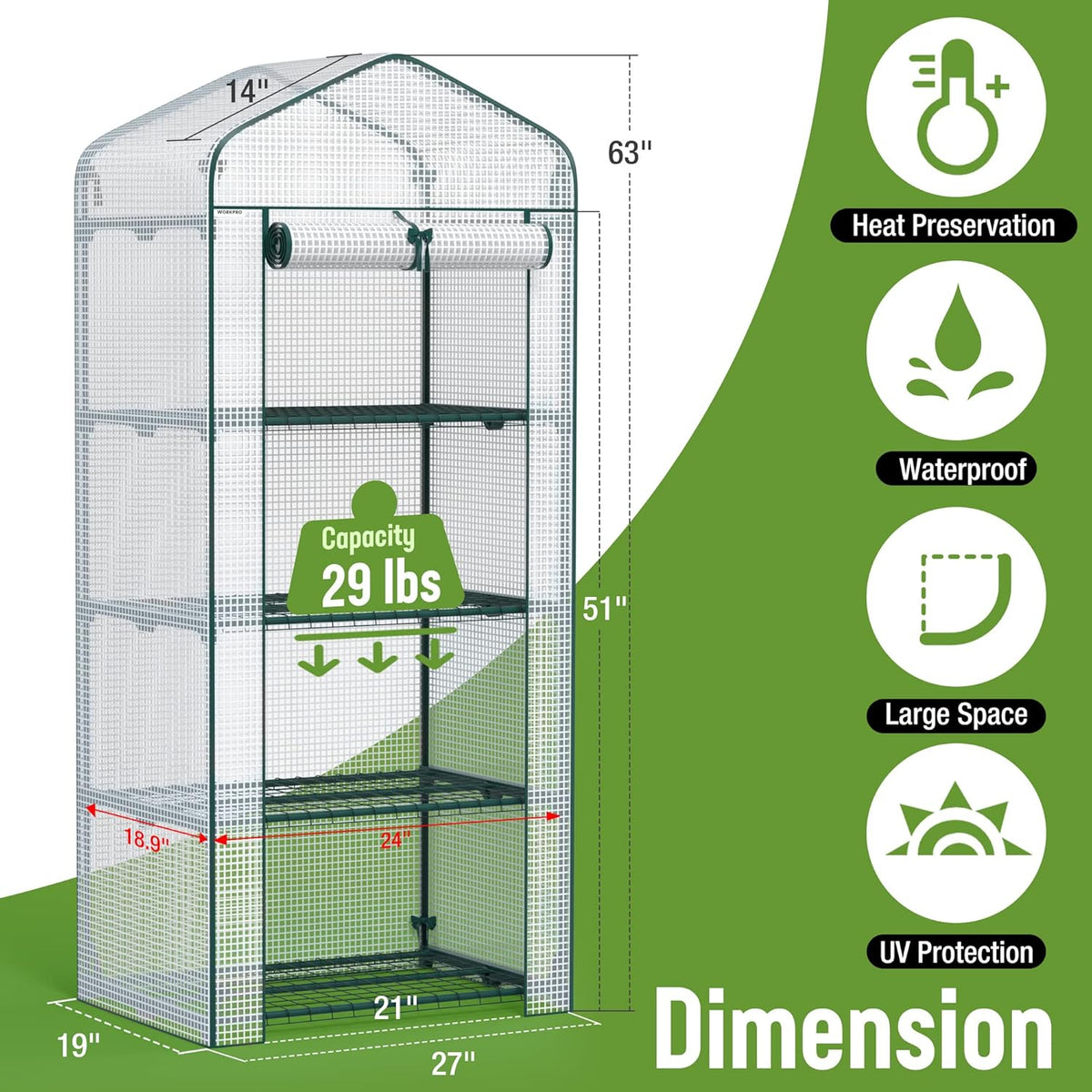 WORKPRO Mini Greenhouse, 4-Tier Portable Small Greenhouses for Outdoor Indoor with Shelves and Thicken PE Cover, White - 27" L x 19" W x 63" H, Ideal Gardening Gifts for Women Men