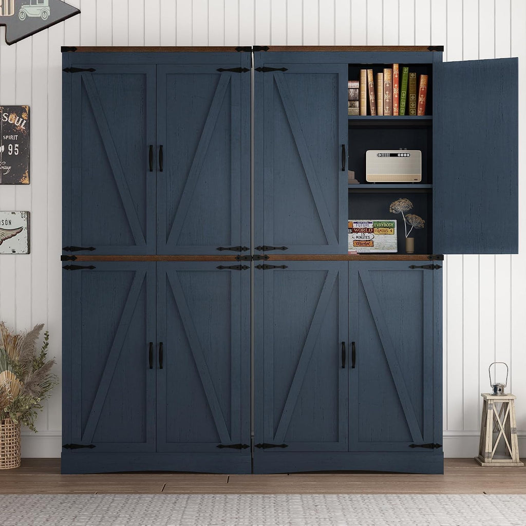 71in Farmhouse Kitchen Pantry Cabinet,Tall Storage Cabinet with 4 Doors and Adjustable shelves,with Load-Bearing Steel Pipe,Wood Storage Cabinets for Kitchen,Dining Room,Bathroom(Rustic Blue)