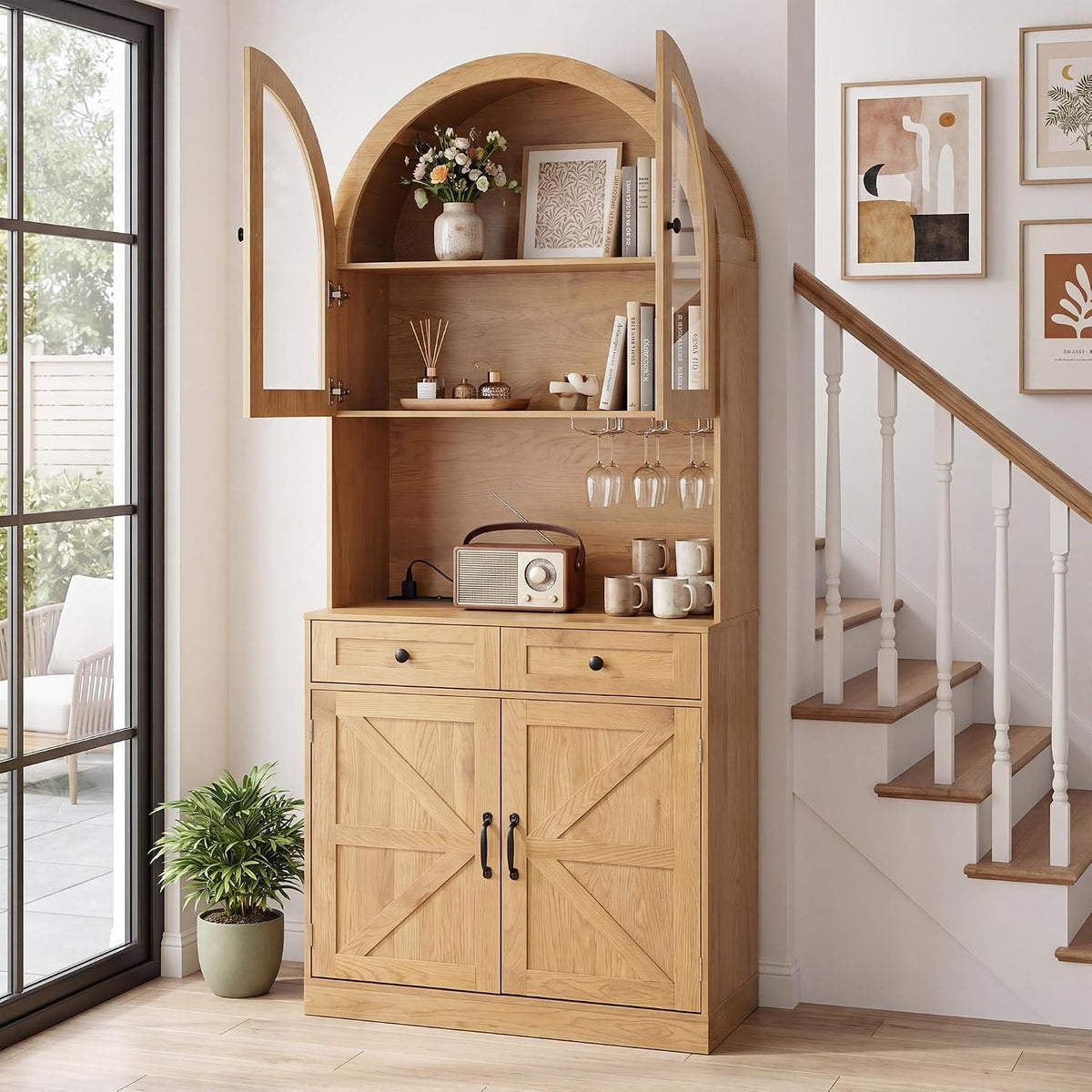 Farmhouse Pantry Cabinet w/Charging Station, Oak | Adjustable Shelves & Open Countertop, Cup Holder & 2 Drawers 75" Tall Arched Coffee Bar for Kitchen Dining Room Living Room
