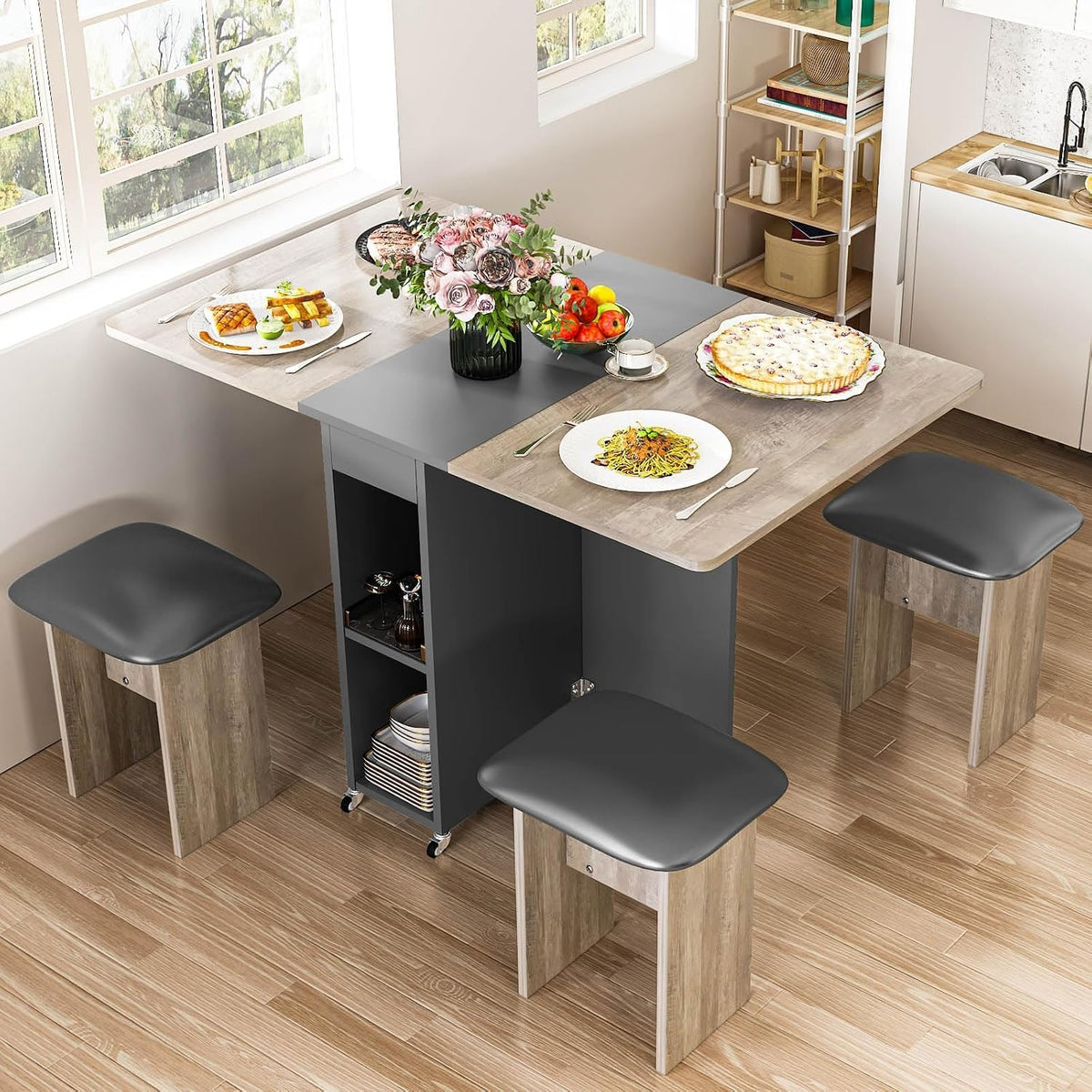 furlinkhm Folding Dining Table Set for 4, Dinner Table with 4 Leather Chairs and Shelves, Space Saving Foldable Dining Table with 6 Wheels, Kitchen Table for Small Spaces (Grey)