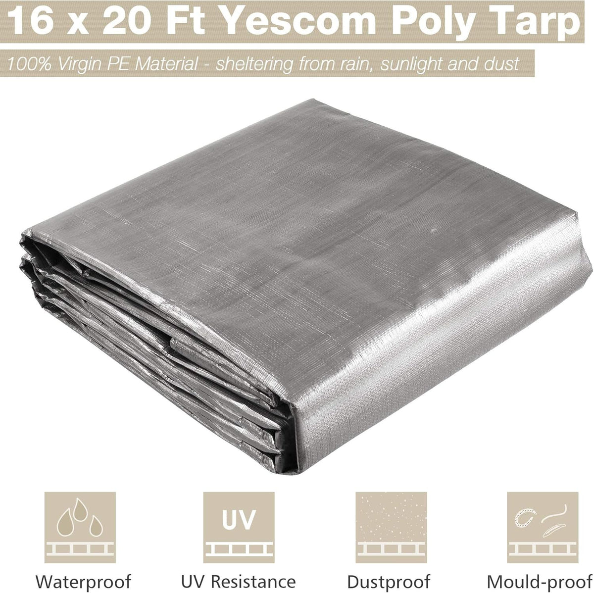 Yescom 16x20 Ft 10 Mil Poly Tarp Protective Cover Tarpaulin Heavy Duty Reversible Silver Black Tarps