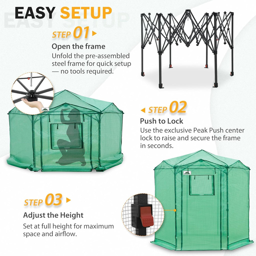 EAGLE PEAK 6.6x6.6 ft Hexagon Pop up Greenhouse, Portable Walk-in Grow Tent for Seed Starting, Garden Plants, Indoor Outdoor Green House, All-Weather Plant Shelter, PE Cover, Green/Clear