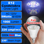E12 Candelabra Small Base Grow Light Bulbs for Indoor Plants Full Spectrum 9W Grow Lamp 100W Replace with Blue Red 5000K LEDs for Seeds and Greens,Laboratory,Greenhouse,Garden,DIY Horticulture, 3 Pack