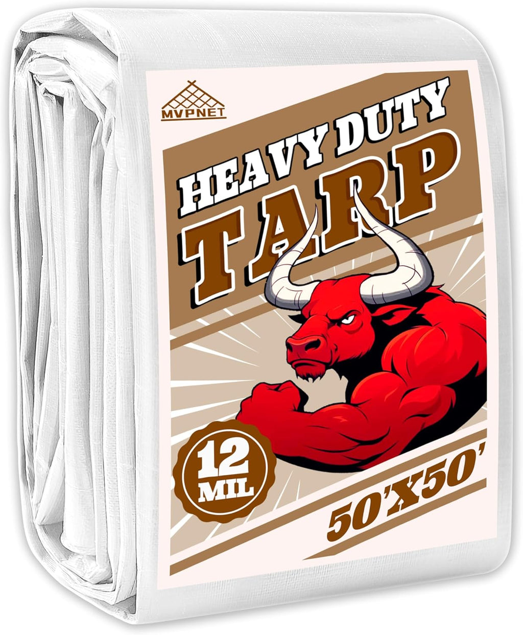 Tarp 50x50 ft Heavy Duty 12mil 100% Waterproof High Durability Multipurpose,Uv Resistant,White Tarp Suitable for Swimming Pools, Boats, Camping, Courtyards, Etc -by MVPNET
