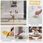 Faux Marble Dining Table Set for 6, Modern Kitchen Table Chairs Set 6, 70" Faux Marble Table with Gold Stainless Steel Leg, 6 White Pu Leather Chairs, 7 Piece Dining Set for Kitchen Living Dining Room