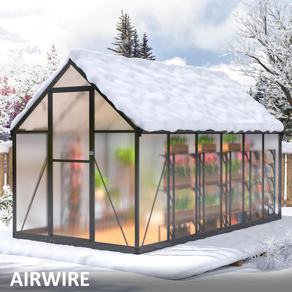 6x11 FTQuick Setup Polycarbonate Greenhouse with Roof Vent, Large Aluminum Walk-in Green House for Outdoor Garden Backyard, Black